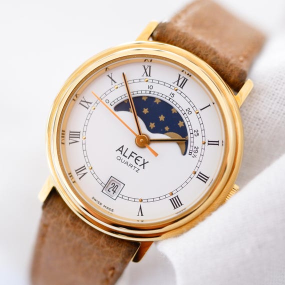 Alfex Moon Phase Vintage Watch Women New Old Stock Vintage Ladies Watch Small Women Watch 90s Gold with White Dial Watch Gift for Her