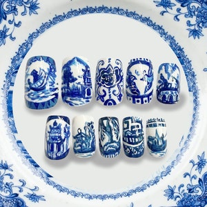 Handpainted Blue Willow Press On Nails: Custom Chinoiserie Pottery Nails