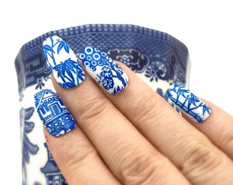 Blue Willow China Nails | Blue and White Pottery Press On Nails | Chinoiserie Bamboo, Flower and Pagoda False Nails in Oval Square Coffin