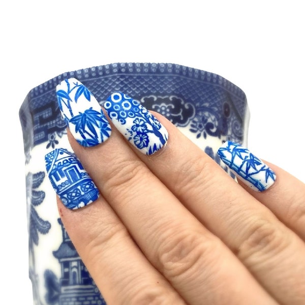 Blue Willow China Nails | Blue and White Pottery Press On Nails | Chinoiserie Bamboo, Flower and Pagoda False Nails in Oval Square Coffin