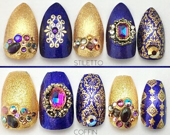 Royal Purple And Gold Press On Nails | Glitter Fake Nails | 3D Bling Press On Nails  | Stiletto Coffin Square Nails | Gold Acrylic Nails