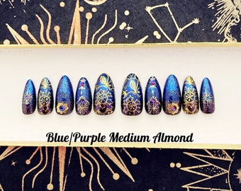 Custom Size Moonchild Nails | Set of 10 Nails- Blue Purple Ombre Nails with Gold Celestial Moons  | Witchy Glam Nails | Boho Press On Nail