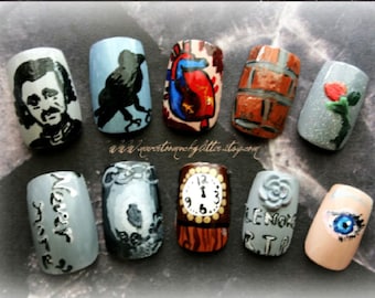 Edgar Allan Poe Press On Nails for a Spooky Horror Inspired Halloween | Custom Handpainted Raven Nails in Oval, Coffin or Square