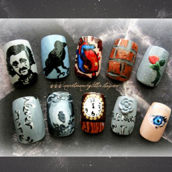 Edgar Allan Poe Press On Nails for a Spooky Horror Inspired Halloween | Custom Handpainted Raven Nails in Oval, Coffin or Square