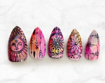 Boho Sunshine Tie Dye Press On Nails |  Multicolor Mandala Hippie Free Spirit Festival Vacation Vibe Fake Nails With Dreamcatchers