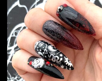 Red and Black Ombre Long Stiletto Press On Nails |  Gothic Styole Snakes Roses and Skulls Gothic Nails | Vampire Red Black Ombre Nails