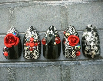 Dark Celtic Soul Press On Nails with Red Roses, Swarovski Crystals and Silver Geometric Detail in Stiletto, Coffin or Square Shapes