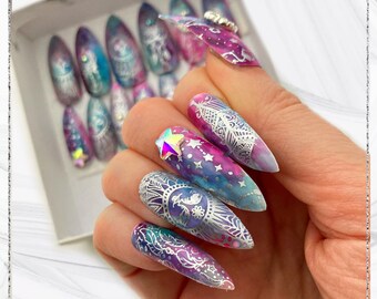 Boho Vibe Long Press On Nails | Blue, Pink and Purple Long Tie Dye Nails | Dreamcatcher Celestial Sun and Stars Fake False Nails