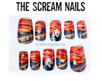 The Scream Custom Handpainted Press On Nails | Designer Custom Scream Nails |  Quirky Art Lover Gift | One of A Kind OOAK Custom Nails