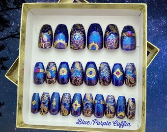 Moonchild Ombre Press On Nails with Blue/Purple or Purple/Black Gradations | Full Set 0f Nails, Ready To Ship Now | Hippie Boho Style Nails