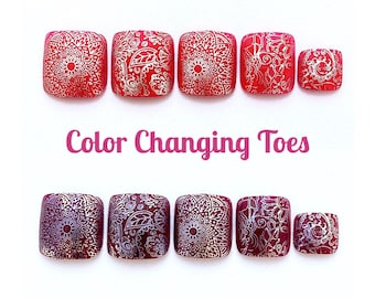 Pink To Purple Color Changing Chameleon Press On Toenails | Summer Boho Press On Pedicure | Summer Mood False Fake Toenails Change Color