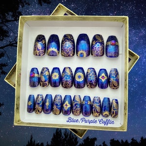 Moonchild Ombre Press On Nails with Blue/Purple or Purple/Black Gradations | Full Set 0f Nails, Ready To Ship Now | Hippie Boho Style Nails
