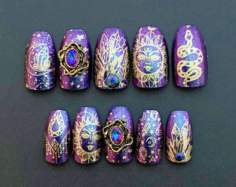 Purple and Gold Snake Celestial Press On Nails in Your Choice of Coffin Or Square Shapes | Boho Hippie Style Fake Nails With Crystals