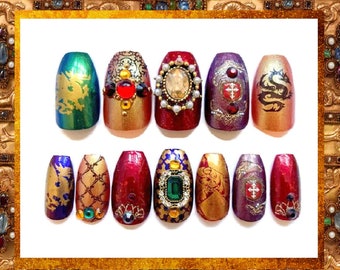 Mittelalterliches Drachenjuwel Press On Nails: Renaissance Faire Kostüm