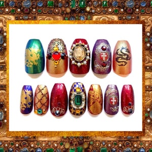 Medieval Press On Nails | Fairy Tale Nails with Jewels and Dragons for Medieval Weddings | Ren Faire Costume | Renaissance Faire Accessory