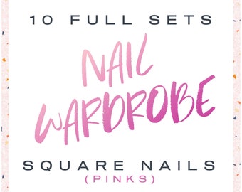 Pink Nail Bundle- 10 Sets of Square Pink Press On Nails With Nail Decals | Beauty Self Care | Solid Pink Nail Wardrobe | DIY Manicure Party