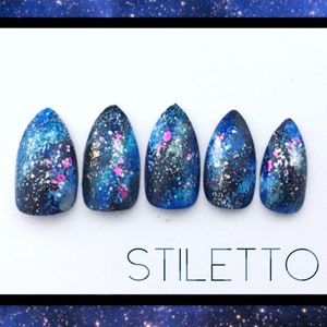 Blue or Purple Galaxy Press On Nails | Outer Space Fake Nails in Your Choice of Stiletto, Coffin, Square or Oval | Celestial Boho Nails