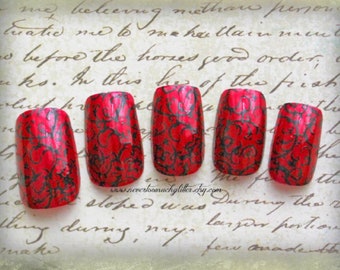 Red Gothic Baroque Press On Nails in Your Choice of Short or Long Coffin or Square Shapes | Full Set of 20 Reusable Stick On Nails