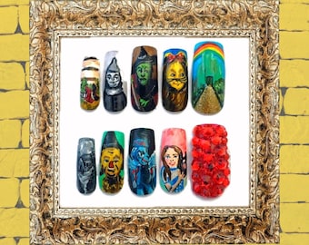 Custom Handpainted Wizard of Oz Press On Nails in Your Choice of Coffin, Stiletto, Square, Oval or Long Styles | Artisan Painted Nails