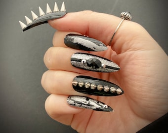 Extra Long Spiked Stiletto Press On Nails | Black and Silver Fake Nails with Spikes | Biker Gothic Punk Style Deviant Claw Nails