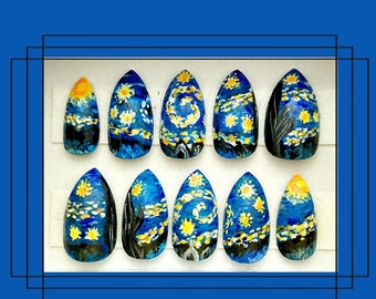 Handpainted Starry Night Custom Press On Nails | Vincent Van Gogh Nails | Tiny Works of Art | Gift for Art Lovers | Unique Handmade Nails