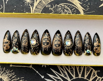 Custom Size Celestial Sun and Moon Nails | Set of 10- Sun Moon Stars Black and Gold Astrology Nails | Witchy Nails | Boho Moon Press On Nail