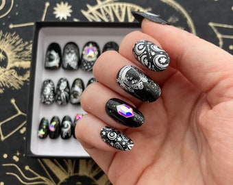 Mystic Moon Nails | Black Coffin Nails with Moons and Crystal Balls | Halloween Witch Nails | Mysterious Celestial Boho Moon Press On Nails