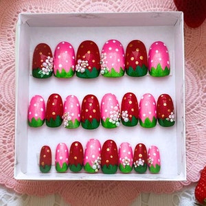 Cute Strawberry Press On Nails | Short, Medium or Long Kawaii Strawberry Nails | Valentine&#39;s Pink and Red Strawberry Fake Nails