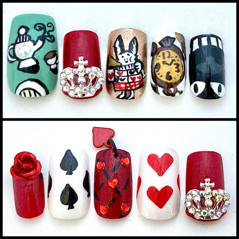 Ten hand-painted press on nails depicting images from Alice In Wonderland - Tea, Cheshire Cat, clock, rabbit and playing card designs
