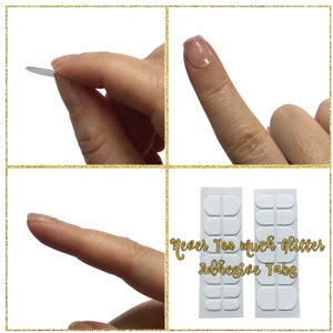 A step by step guid to applying stick on nails with adhesive tabs. Upper left shows the adhesive tap peeled off the sheet, upper right shows the tab applied in a front view, lower left shows the side profile, lower right shows the product.