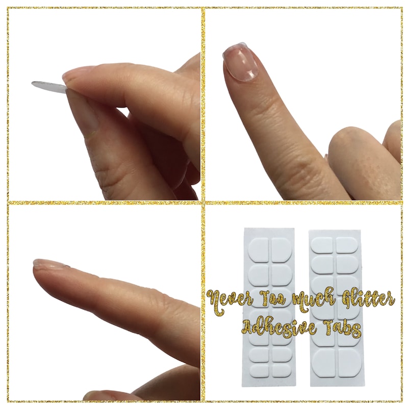 A step by step guid to applying stick on nails with adhesive tabs. Upper left shows the adhesive tap peeled off the sheet, upper right shows the tab applied in a front view, lower left shows the side profile, lower right shows the product.