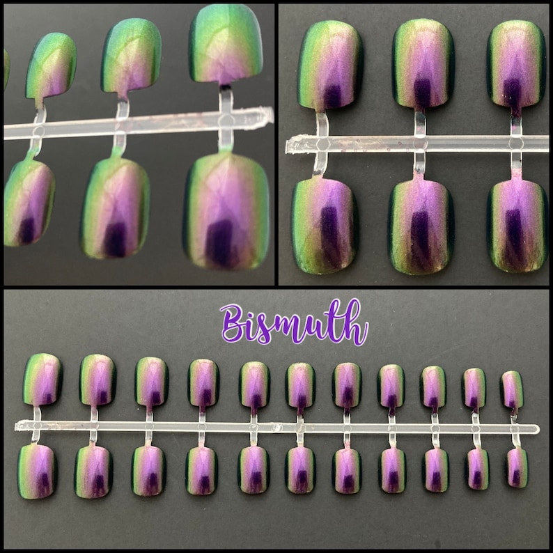 Short purple green duochrome false nails shown on a black background. Top two photos show close up view. Text reads bismuth. bottom picture shows full set of 24 press on nails.