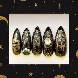 Custom Size Celestial Sun and Moon Nails Set of 10 Sun Moon Stars Black and Gold Astrology Nails Witchy Nails Boho Moon Press On Nail image 2