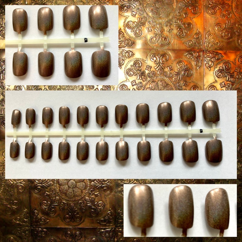 Metallic press on nails with different shapes and a close up shot of the nails to show the shimmer in the glitter.