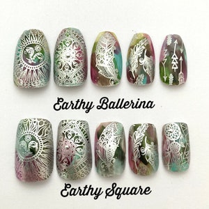 two sets of five press on nails in different shapes. Top set is ballerina shaped and bottom set is square shaped