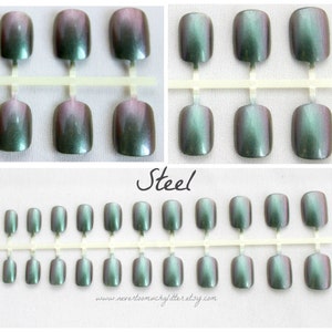 Short silver green duochrome false nails shown on a white background. Top two photos show close up view. Text reads steel. bottom picture shows full set of 24 press on nails.
