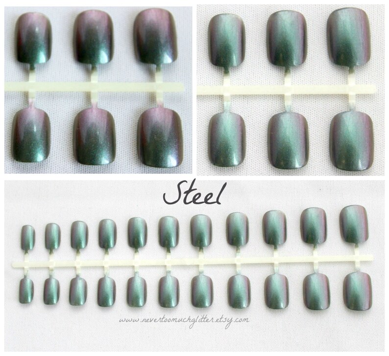 Short silver green duochrome false nails shown on a white background. Top two photos show close up view. Text reads steel. bottom picture shows full set of 24 press on nails.