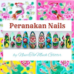 Peranakan Chinoserie Custom Handpainted Press On Nails Singapore Style Southeast Asia Straits Chinese Art Nails Wearable Asian Art image 1