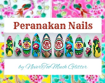 Peranakan Chinoserie Custom Handpainted Press On Nails | Singapore Style Southeast Asia | Straits Chinese Art Nails | Wearable Asian Art