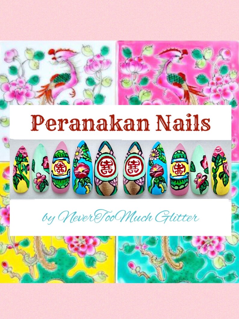 Peranakan Chinoserie Custom Handpainted Press On Nails Singapore Style Southeast Asia Straits Chinese Art Nails Wearable Asian Art image 1