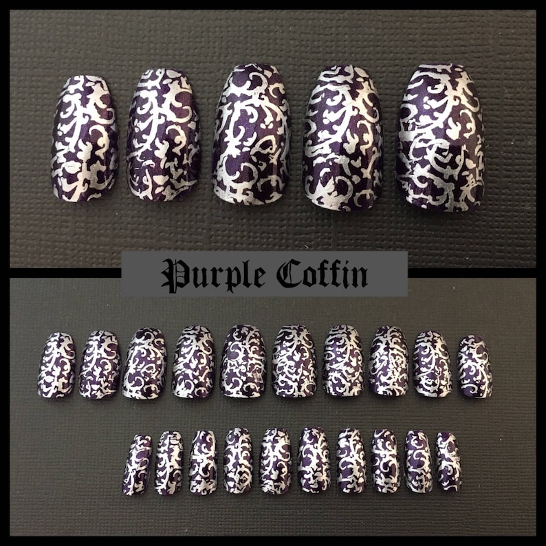 top photo shows 5 purple coffin shaped nails with silver detailing on black background. Old English text reads purple coffin. bottom photo  shows a full set of 20 purple coffin shaped nails with silver detailing on black background.