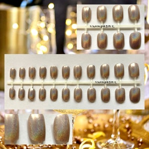 Metallic press on nails with different shapes and a close up shot of the nails to show the shimmer in the glitter.