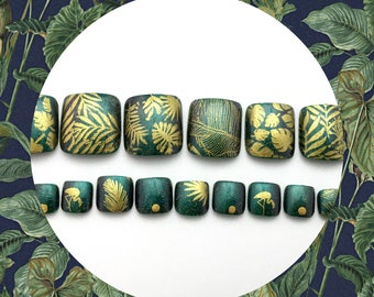 Green and Gold Jungle Boho False Toenails | Press On Pedicure | Press On Toenails | Fake Toenails | Summer Style Boho Nails