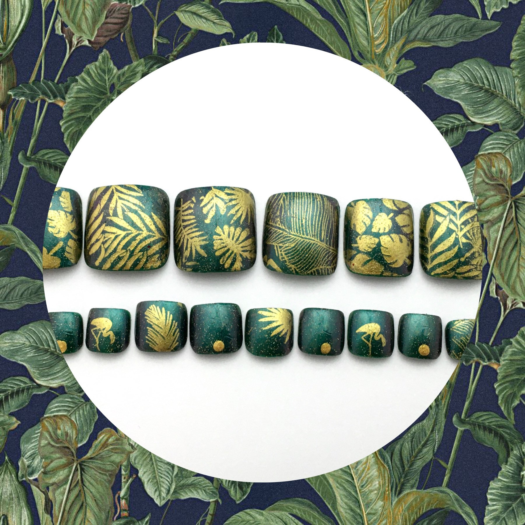 Green and Gold Jungle Boho False Toenails | Press On Pedicure | Press On Toenails | Fake Toenails | Summer Style Boho Nails