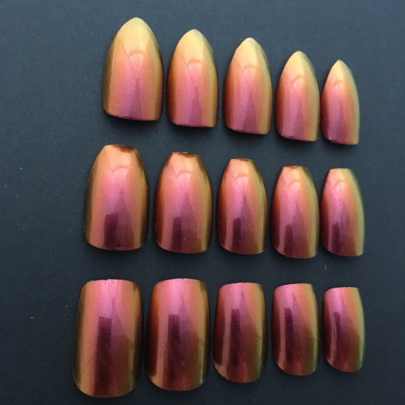 Red Orange Duochrome Press On Nails Chameleon Fake Nails Full Set Color Shifting Nails in Coffin Stiletto Oval Square Fire Nails image 3