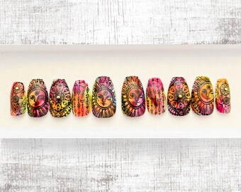 Custom Boho Sunshine Tie Dye Press On Nails | Mandala Hippie Free Spirit Festival Vacation Vibe Fake Nails- Set of 10 Custom Size Nails