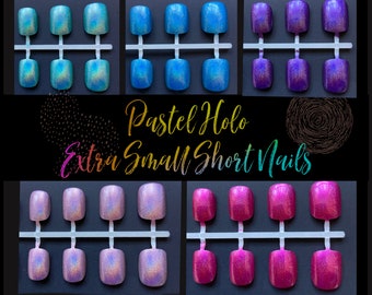 Holographic Press On Nails | Pink Blue Purple Green Short Fake Holo Nails | Petite Active Size Short Nails for Small Sizes