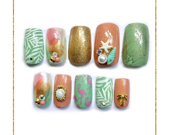 Retro Pastel Palm Tree Press On Nails | Coastal Vibe Pink and Green Fake Nails | Granny Chic Pink Flamingo Stick On Vacation Nails