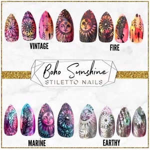 titled "Boho Sunshine stiletto nails" and shows four sets of four stiletto press on nails in different colors - pink and yellow, brown and pink, purple and blue, silver and blue