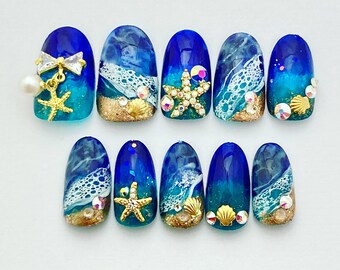 Bling Beach Press On Nails | Ocean Press On Nails for Summer Vibes | Handmade Ombre Gradation Fake Nails With Shells, Crystals and Waves